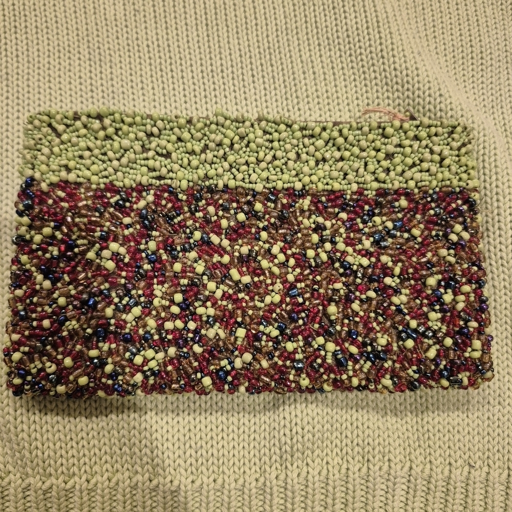 Vtg Hand Beaded Seed Bead Zipper Clutch Pouch Whimsigoth Boho Lime Burgundy